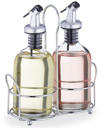 MGE - Set Olio e Aceto con Sale e Pepe - 4 Pezzi con Supporto in Acciaio Inox - Bottiglie in Vetro Ricaricabili Antigoccia - Elegante per Cucina e Tavola
