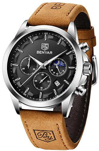 BENYAR BY Orologio Uomo Analogico Cronografo Impermeabile Luminosa Elegante Orologio da Polso Cinturino Pelle Regalo per Uomo