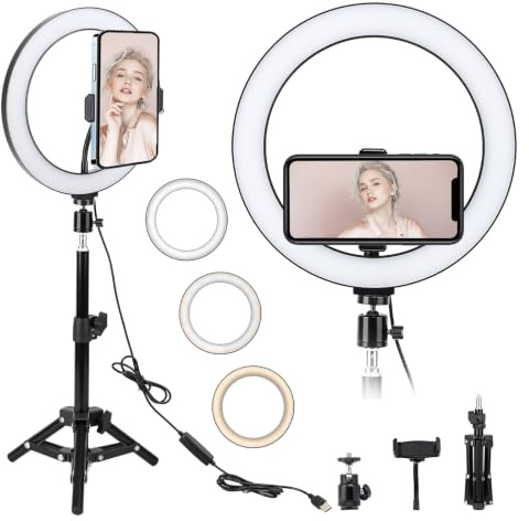 BONFOTO 10 LED Selfie Ring Light with Tripod Stand & Cell Phone Holder for Tiktok/Live Stream/Makeup, Dimmable Desktop Camera Ringlight for YouTube Video/Photography Compatible with iPhone/Android