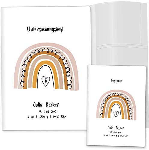 OLGS U-Heft- und Impfpasshülle mit Personalisierung 3-teilig Set | Untersuchungsheft Hülle Regenbogen | Geschenkidee mit Namen, Geburtsdatum (Uheft, Impfpass personalisiert, Herzchen)