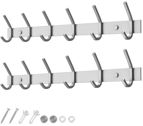 Dripex Hakenleiste Rostfrei Edelstahl Kleiderhaken Garderobenhaken gebürstete Optik Doppelhaken bis zu 30kg belastbar Haken (Silber, 6 Haken - 2 Pack)