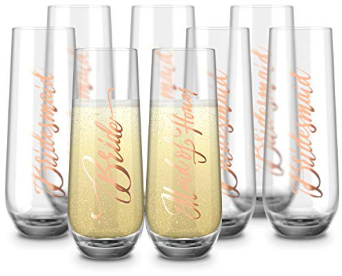 KooK Champagne Flutes, Champagne Glasses, Mimosa Glasses, Stemless Champagne Flutes, Set of 8, 9.4oz, Rose, Prosecco, for Weddings and Parties (Bridal Set of 8)