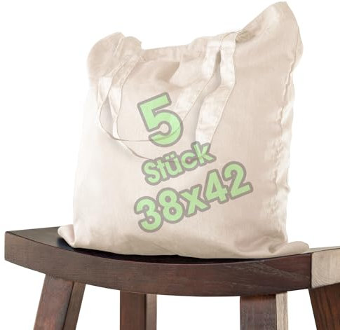 ELES VIDA 5 STÜCK Baumwolltaschen Natur (5er Set 38x42) ORIGINAL ÖKO-TEX® geprüfte Markentasche, Lange Henkel, Jutebeutel, Jute Stoffbeutel, Einkaufstasche, Stoff Taschen aus 100% Baumwollstoff