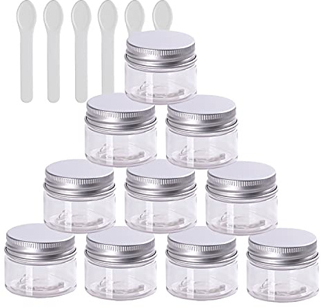 TIANZD 12 Stück Kleine 30 ml Transparent Kunststoff Leere Cremedose Dose mit Silber Deckel 30 g Leerdose Schraubdose Blechdosen Kosmetische Behälter Tiegel, 6 Stück Spatel