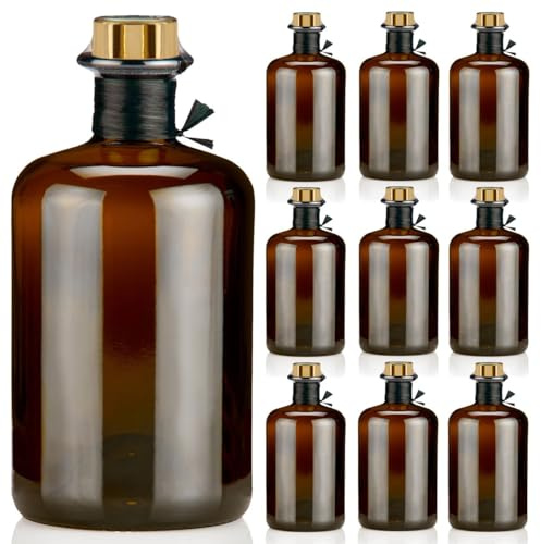 Geniess-Bar! 9 Apothekerflaschen braun 500ml leer schwarz antik Profiset Korken gold, Flaschenkapseln & Geschenk Band, Braunglas Flaschen 0,5L für Öl, Gin, Kräuter Schnaps uvm.