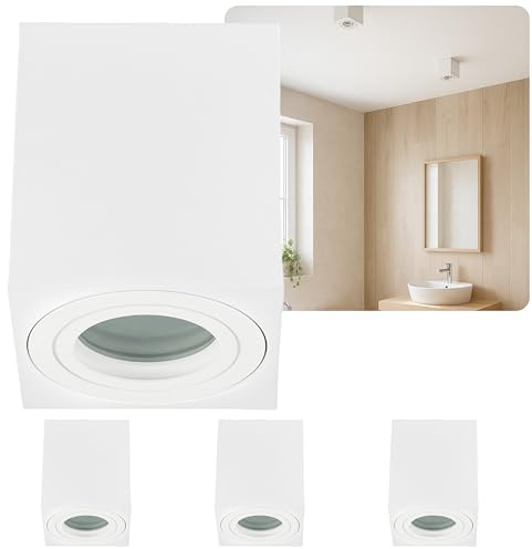 Sweet Led Aufbauspots IP44 Weiß Matt 4er – GU10 Eckige Deckenspots Ø80mm, 95mm - geeignet Badezimmer – Küche, 230 V Aufputz, Aufbaustrahler ohne Leuchtmittel.