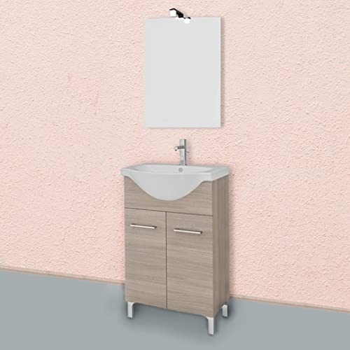 Kiamami Valentina - Mobile bagno a terra da 55mm rovere fumo con 2 ante, lavabo e specchio Rimini