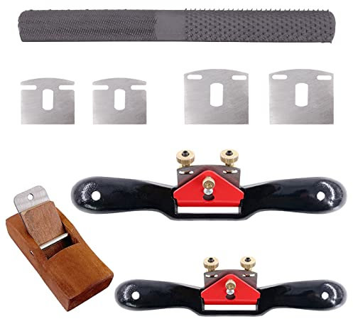 Glarks G2657 - Set di raggi regolabili (2 pezzi) con lame di ricambio, pialla per la lavorazione del legno, lima per raspa a 4 vie, in metallo, ottone, rosso, nero, argento