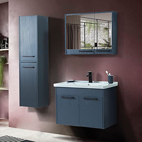 Inbagno Mobile bagno sospeso 80 cm blu effetto legno, a due ante con lavabo e armadietto a specchio, serie SOFIA colonna non inclusa