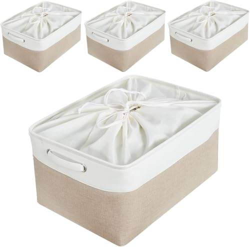 Mangata Cestas de almacenaje Ropa, Caja almacenaje Tela de Lona con Asas para estantes, Juguetes, Blanco Caqui Claro, L, 4 | 44 x 31 x 23 cm; lona plegable con cordón para ropa, toallas, juguetes y estanterías.