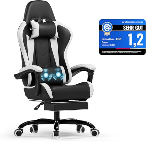 Devoko Silla Gaming con Masajeador, Silla Oficina con Reposapiés, Silla Juego de Carreras con una Carga de 150 kg, Respaldo Ajustable Alto Silla Ergonomica de Juegos Reclinable 90-135°(Blanco)