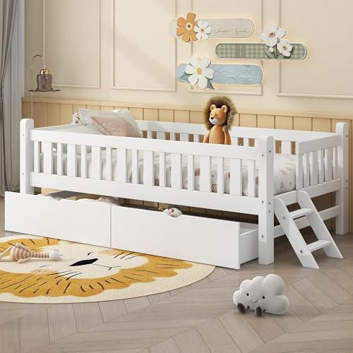 Majnesvon Twin Platform Bed Frame with 2 Storage Drawers, Wood Twin Bed Frames for Toddler Girls Boys, 8 Slats Support, No Box Spring Needed, Easy Assembly