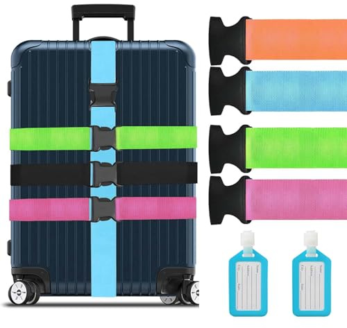 4-pack bagageremmar för resväska, personliga bagageremmar för resväskor med 2 etiketter, justerbar reseförpackning säkert bälte tillbehörsset för resväska