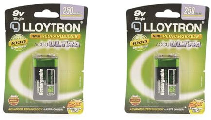 LLOYTRON NiMH Rechargeable AccuUltra Battery / 9V (PP3) Size / 250mAh / 2 Pack - B018