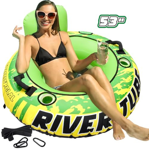 53 Heavy Duty River Tube for Floating with Canvas Cover, Tubing Floats for Lake Pool, Inflatable Water Tube for Floating with Cup Holders Handles Headrest, River Raft Carry 300lb of Adults