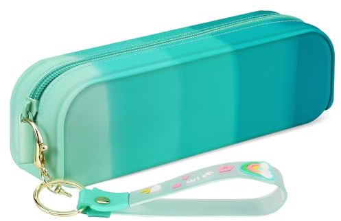 FINPAC Estuche Escolar de Silicona con Pulsera, Gran Capacidad Bolsa de Lápices con Cremallera, Portalapices Organizador para Niños Adolescentes Estudiantes, Neceser Maquillaje para Niñas, (Verde)