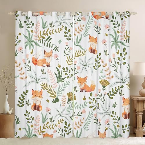 Nette Fuchs Kinder Vorhang Home Decor, Kawaii Wild Tier Cartoon Fuchs Fenster Vorhänge für Mädchen Jungen, Bunte Boho Floral Leaves Botanische weiße Fenster Behandlung Vorhänge für Büro, XXL Größe