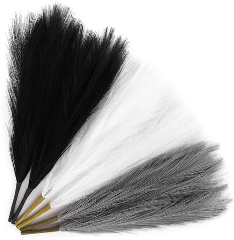 AFAMITOO 6PCS 17.7in/45CM Pampas Grass Plant White/Black/Grey Short Artificial Pampas Vase Filler Faux Pompous Grass for Modern Home Decor