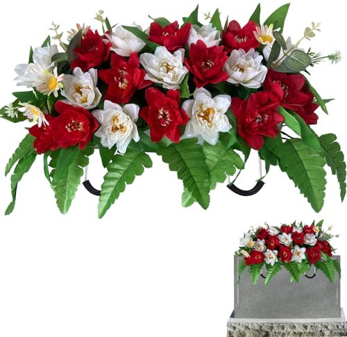 Iarxoxt Künstliche Friedhofsblumen, Grabstein-Grabstein-Dekorationen (rot + weiß)