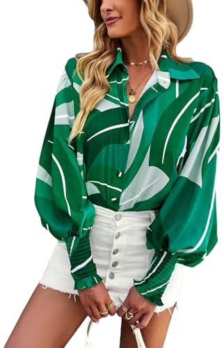 HUXRAKV Camicia Maniche Lunghe da Donna Blusa Button-Down Casual Stampate con Bottoni Camicetta con Maniche a Lanterna,WD15-Verde,XXL