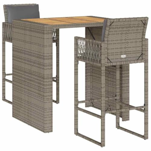 vidaXL 3-TLG. Gartenbar-Set mit Kissen Grau Poly Rattan Akazie, Garten Bar Set, Outdoor Bar Set, Bartisch und Stühle, Gartenbar, Bar Set Terrasse