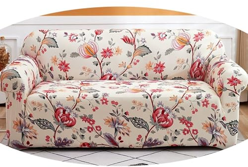 ZIUSFAC Retro Sofabezug Blumen Sofa Überzug Elastisch Sofaüberwurf 1 2 3 4 Sitzer Sofa Cover Universal Sofa Bezug, Sofa Abdeckung Antirutsch Sofa Schonbezug Für Wohnzimmer(Beige,145-185cm(2 Seat))