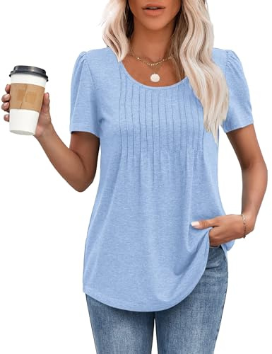 MOLERANI Ladies Tops Round Neck Loose Casual Pleated T Shirt Sky Blue L