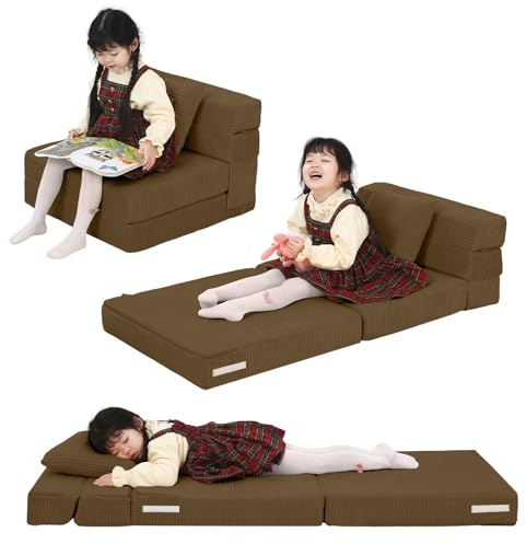 MeMoreCool Cord Kinder-Klappsofa mit Glow, Flip-Sofa Z-Bett, Braun | Ausklappbares Kindersofa aus Cord, vielseitig als Flip-Sofa, Z-Bett oder Bodenbett für das Spielzimmer nutzbar