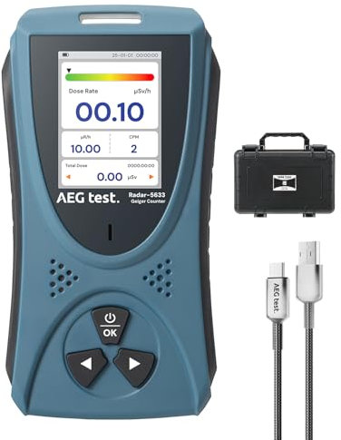 Geiger Counter AEGTEST Radar-5633 Portable Nuclear Radiation Detector with LCD Screen, Rechargeable Dosimeter for Beta Gamma X-ray Detection, Measures in CPM μSv/h μR/h μSv - Blue