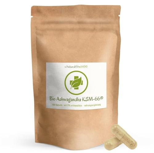 vitalundfitmit100 Bio Ashwagandha KSM-66 Kapseln – Hochdosiert mit 5% Withanoliden – 100% natürlich