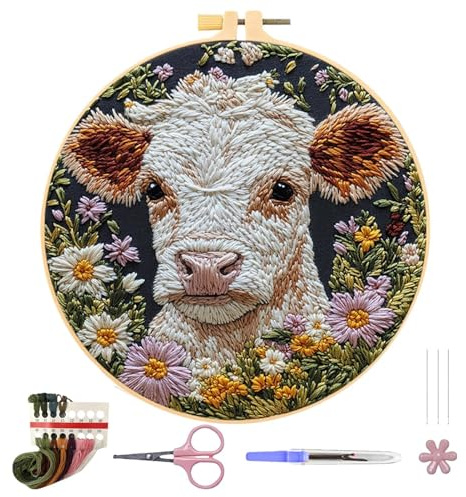 Stickset „Kuh“ – Punch Needle Set für Anfänger mit niedlicher Cartoon-Hochlandkuh | Stickset mit Gänseblümchen- und Kuhmotiv | Stick-Starterr-Bastelset mit Rahmen, Tuch, Nadeln, Fäden und Anleitung