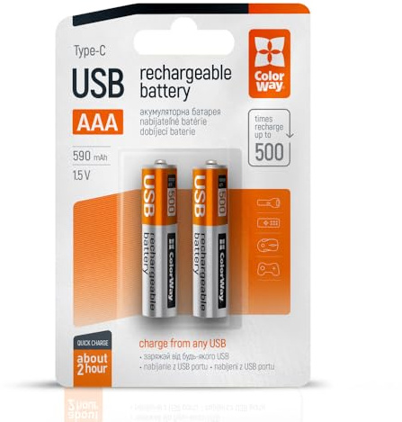 ColorWay Lot de 2 piles AAA USB-C 590 mAh 1,5 V 500 piles rechargeables