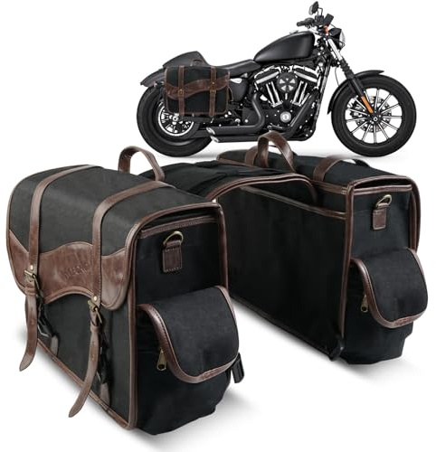 NICECNC Borse da sella per moto, vintage, in tela cerata ad olio, borse laterali da sella Compatible with Harley Adventure Street Glide (nero)