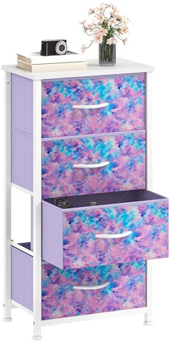 DWVO Kommode mit 4 Schubladen, Schrank aus Stoff mit Griffen, Metallgestell & MDF-Holzplatte, langlebig, für Schlafzimmer & Wohnzimmer,Violett