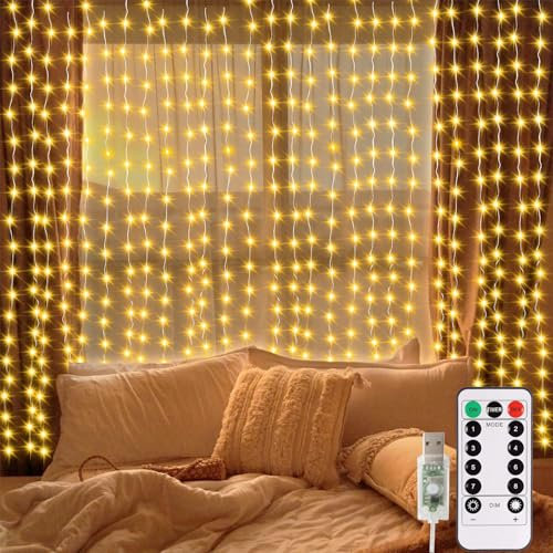 300 LED lichtervorhang 3mx3m, USB lichterketten Vorhang mit Fernbedienung Timer Wasserdichte LED Lichterkette mit Haken für Innen und außen Deko (Warmweiß)