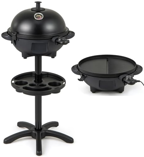 TANGZON Electric BBQ & Table Grill, Double-Zone Electric Grill with Adjustable Temperature, Condiment Shelf & Oil Tray, Indoor Outdoor Portable Stand Grilling for Cookout Barbecues Patio Party