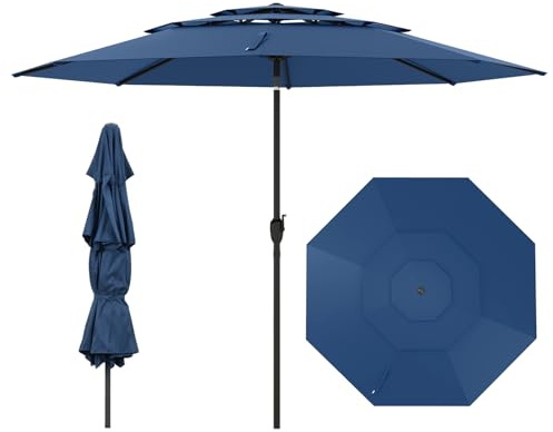 COSTWAY 3M 3-Tier Garden Parasol, Heavy Duty 8-Ribs Patio Umbrella with Crank Handle & Tilt Function, Outdoor UV Protective Canopy Sun Shade for Beach Poolside (Navy, 295 x 295 x 245cm)