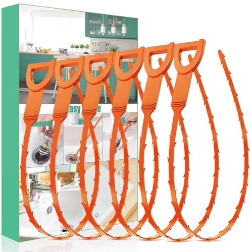 Removedor de obstrucciones de drenaje de pelo de serpiente, paquete de 6 herramientas para desatascar el fregadero de serpiente de ducha con embalaje exquisito (naranja)