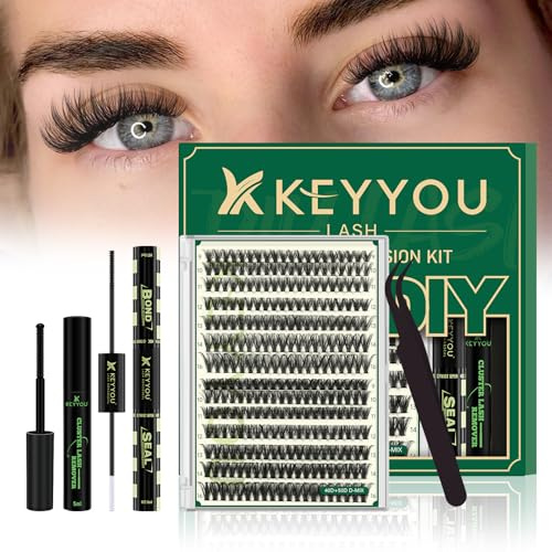 KEYYOU DIY Wimpernverlängerung Kit individuelle Wimpernverlängerung Kit | 280Pcs 40D50D D Curl 9-16MIX Wimpernbüschel mit Kleber + Applikator – einfach für Anfänger