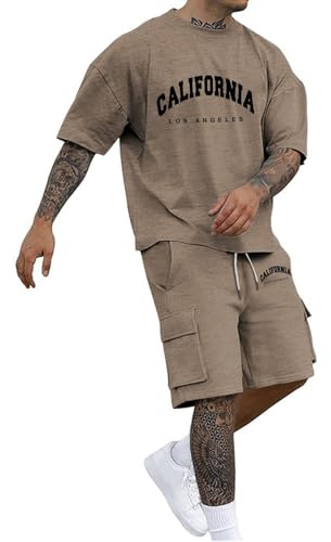 YOSUWOAI Y2K Activewear - Tuta da allenamento da uomo, 2 pezzi, tuta sportiva, vestibilità larga, casual, da spiaggia, a maniche corte + pantaloni corti, O caffè., 3XL