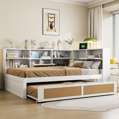 Schlafsofa mit vielen Staufächern und Ladeanschluss Tagesbett mit Lattenrost Holz Daybett für Erwachsene Jugendliche Einzelbett Gästebett Ohne Matratze Weiß mit Ausziehbett 140x200 cm