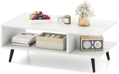 LIFEZEAL Tavolino Salotto, Tavolino Basso da Caffè, da Divano, a 2 Ripiani, con 2 Scomparti Aperti, Gambe in Metallo, Moderno, per Soggiorno, Montaggio Semplice, 80x45x30cm, Max 80kg (bianco)