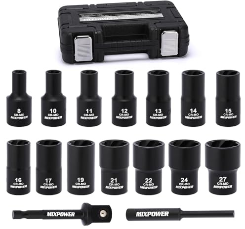 MIXPOWER 16-Piece 1/2-Inch Drive Impact Bolt and Nut Extractor Socket Set, Stripped Lug Nut Remover Include Hex Shank Adapter & Pin Bar, for Removing Damaged Rusted Broken Rounded Fasteners Off, CR-MO