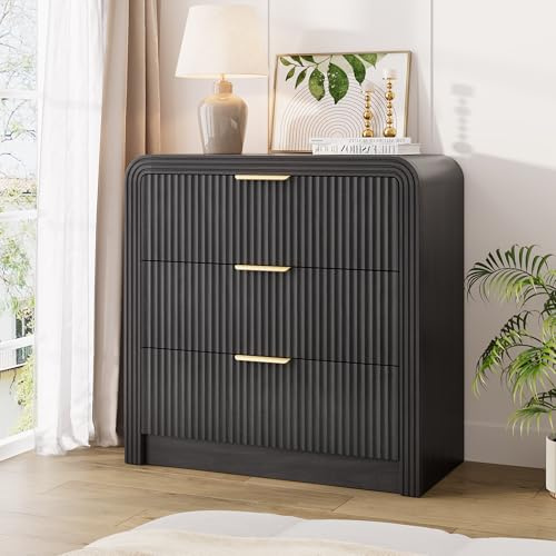 Fluted 3 Drawer Dresser, 31.8'' Tall Dresser for Bedroom, Modern Wood Chest of Drawers with Round Edge & Metal Handle, Large Nightstand with 3 Drawers for Living Room, Hallway, Entryway (Dark Walnut)