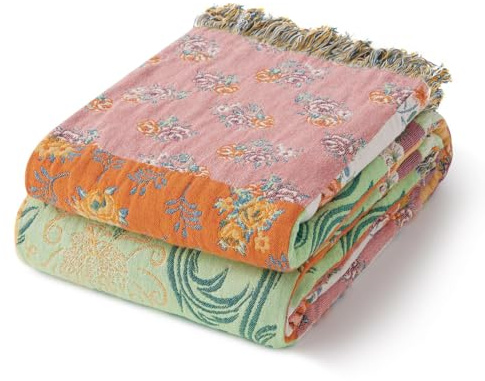 RILIHO 100% Cotton Boho Throw Blanket for Home Decor – Classic Farmhouse Quilt Bedding, Muslin Blankets for Adults, Vintage Woven Decorative Blanket for Couch, Bed Layering Use, Patchwork, 50x60