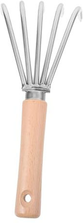 Kisangel Fourche à Main de Jardin Robuste en Acier Inoxydable avec Manche Court en Bois Blanc 5 Dents, Râteau Multifonction pour Décompactage, Désherbage et Plantation, Outil Manuel