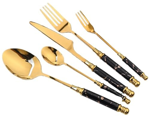 Couteau et Fourchette Vaisselle en acier inoxydable, couteau céramique, fourchette à gâteau, cuillère thé, ensemble de vaisselle, table(Black gold)