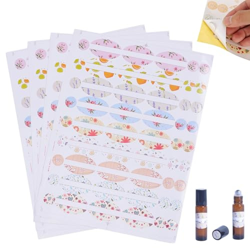 Etiketten für ätherische Öle, 4 Blatt PVC-Öletiketten für Glasflaschen, farbenfrohes selbstklebendes Kosmetiketikett, niedliches Essential für Flaschen für Partys