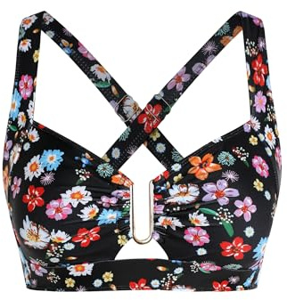 ZAFUL Push Up Swimsuit Tops Cross Back Vintage Bikini Top Black Floral M | Womens U-Wired Full Coverage Retro and Vintage Bathing Suit Tops Cut Out Ruched Front Swimwear Only