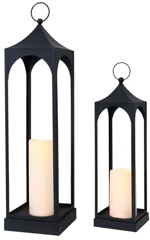 DECORKEY LED Lanterns Decorative Outdoor&Indoor, 23'' 16‘’ Large Black Lanterns Set with 2 Flameless Candles, Metal Holders for Porch, Patio, Garden, Home, Fireplace, Spring Decorations Decor